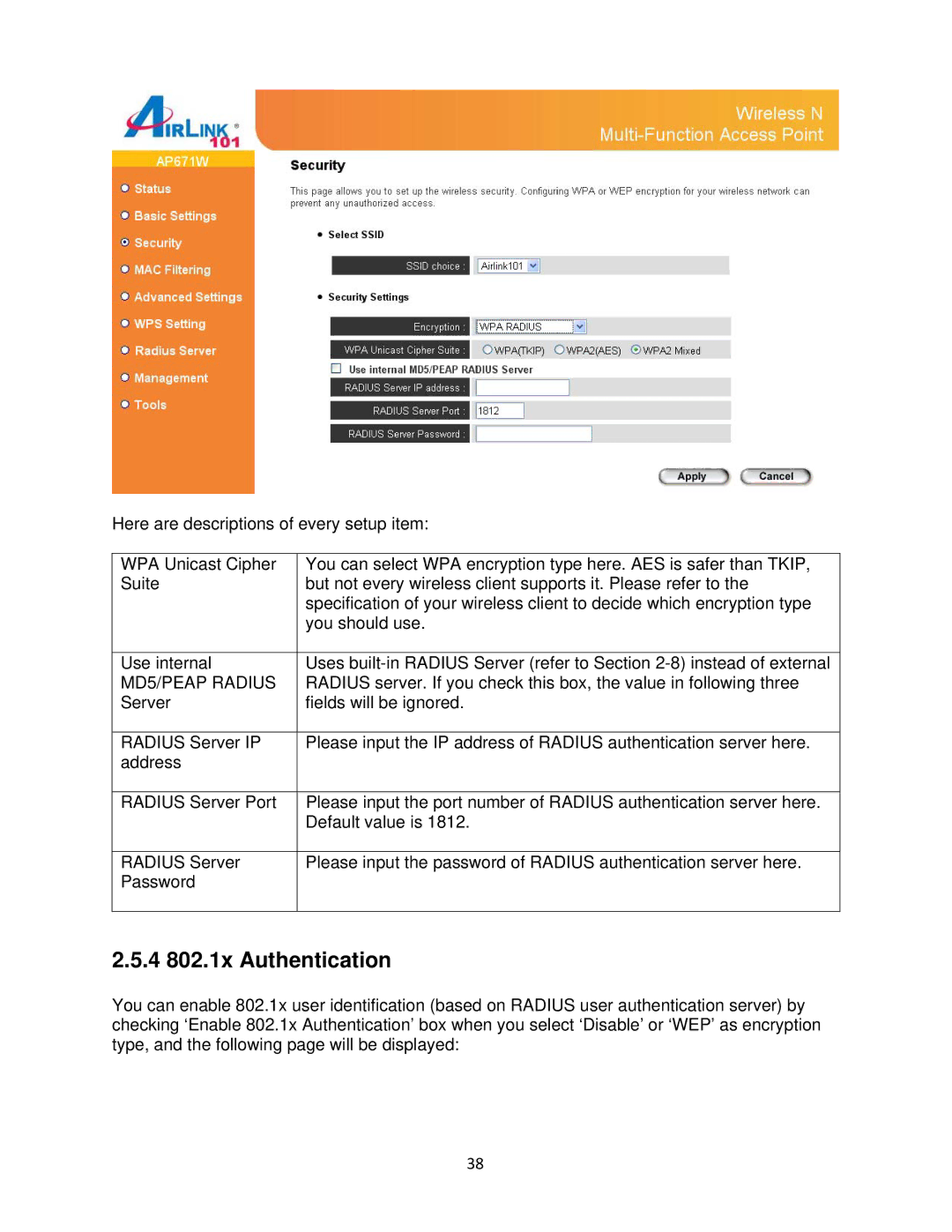 Airlink101 N300 user manual 4 802.1x Authentication, MD5/PEAP Radius 