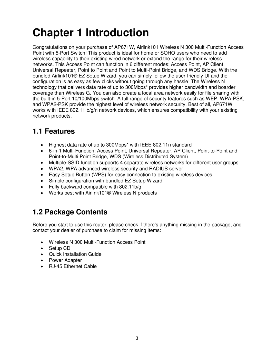 Airlink101 N300 user manual Features, Package Contents 
