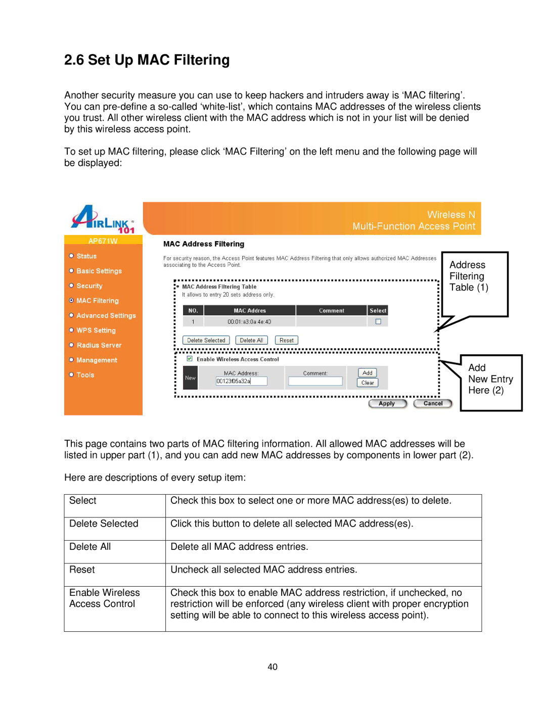 Airlink101 N300 user manual Set Up MAC Filtering 
