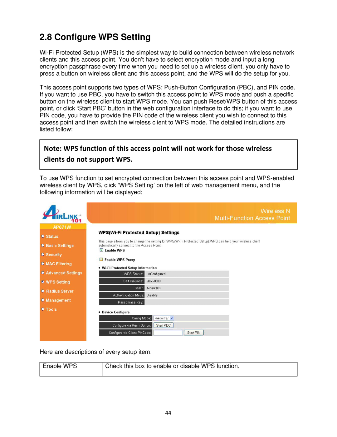 Airlink101 N300 user manual Configure WPS Setting 