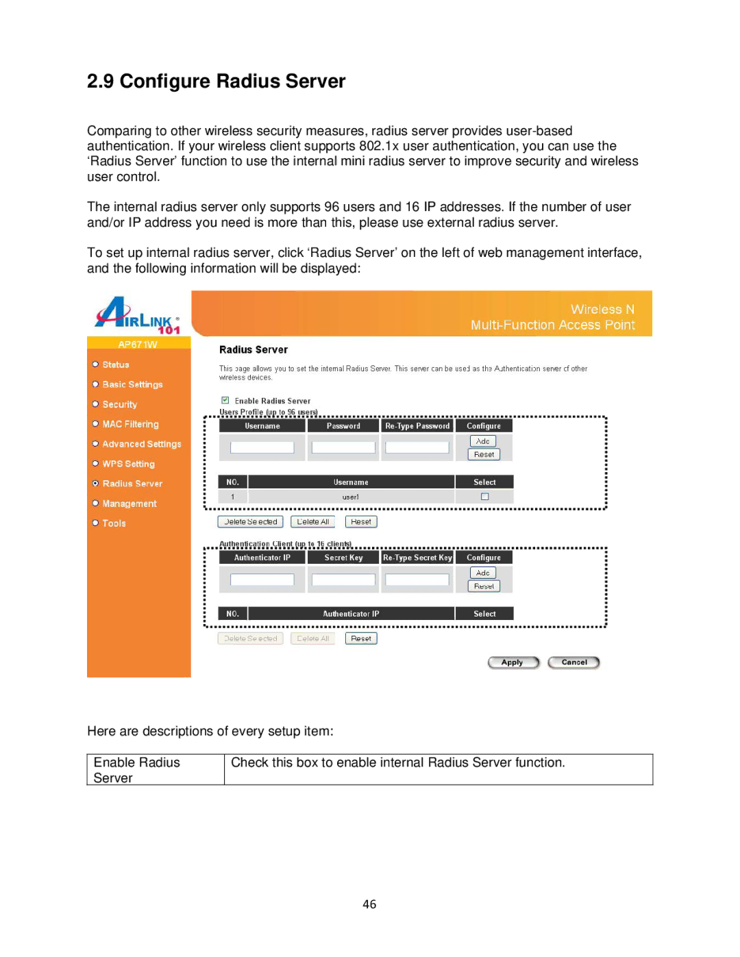 Airlink101 N300 user manual Configure Radius Server 