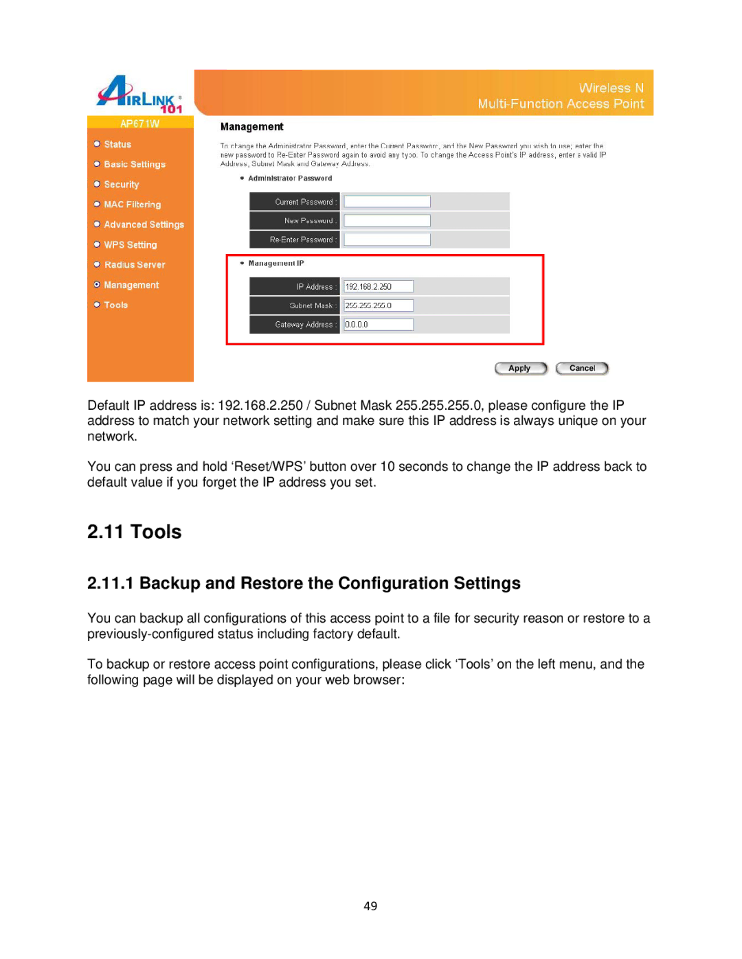 Airlink101 N300 user manual Tools, Backup and Restore the Configuration Settings 