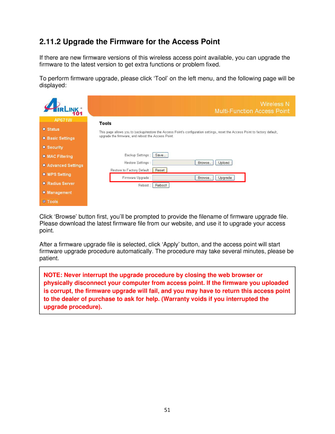 Airlink101 N300 user manual Upgrade the Firmware for the Access Point 