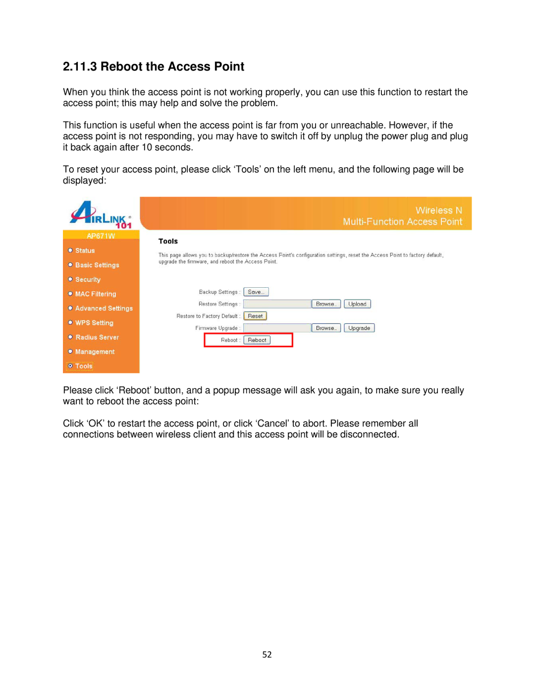 Airlink101 N300 user manual Reboot the Access Point 