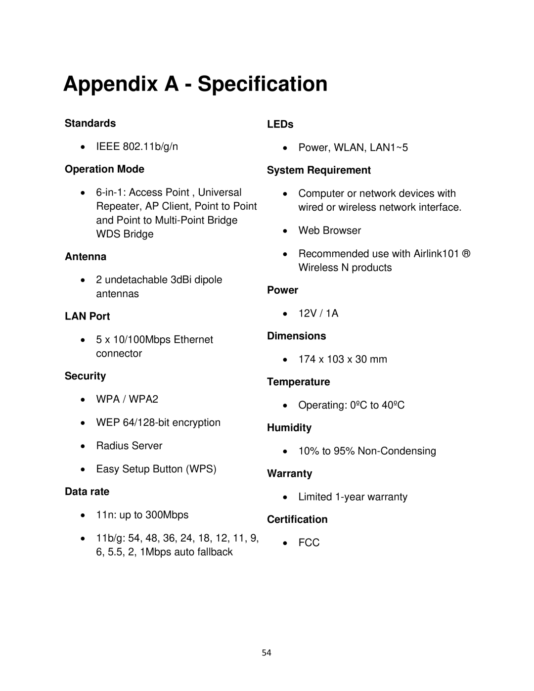 Airlink101 N300 user manual Appendix a Specification 