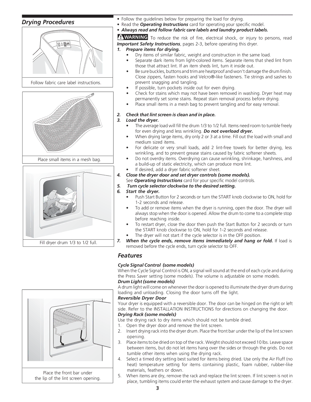 Airlux Group 13467-1200 (0512) important safety instructions Drying Procedures, Features 