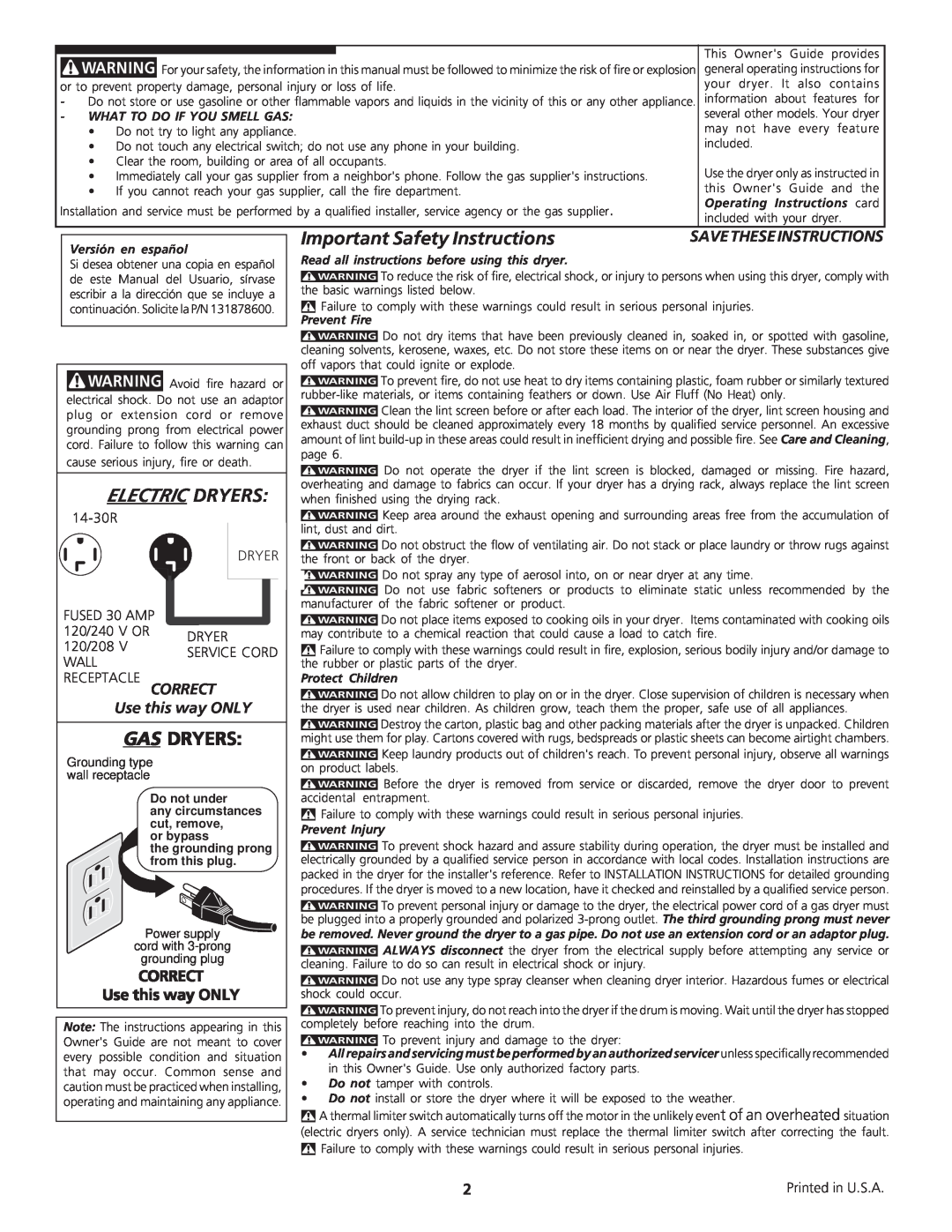 Airlux Group 13467-1200 (0512) Important Safety Instructions, Correct, Use this way ONLY, Electricdryers, Gasdryers 