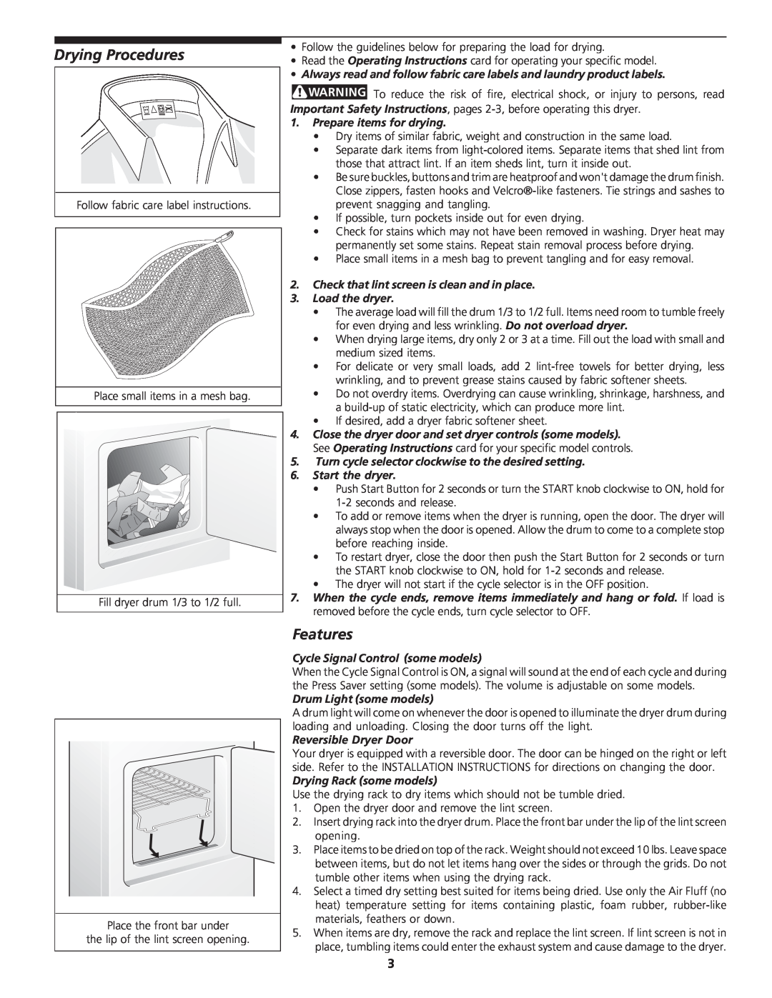 Airlux Group 13467-1200 (0512) important safety instructions Drying Procedures, Features 