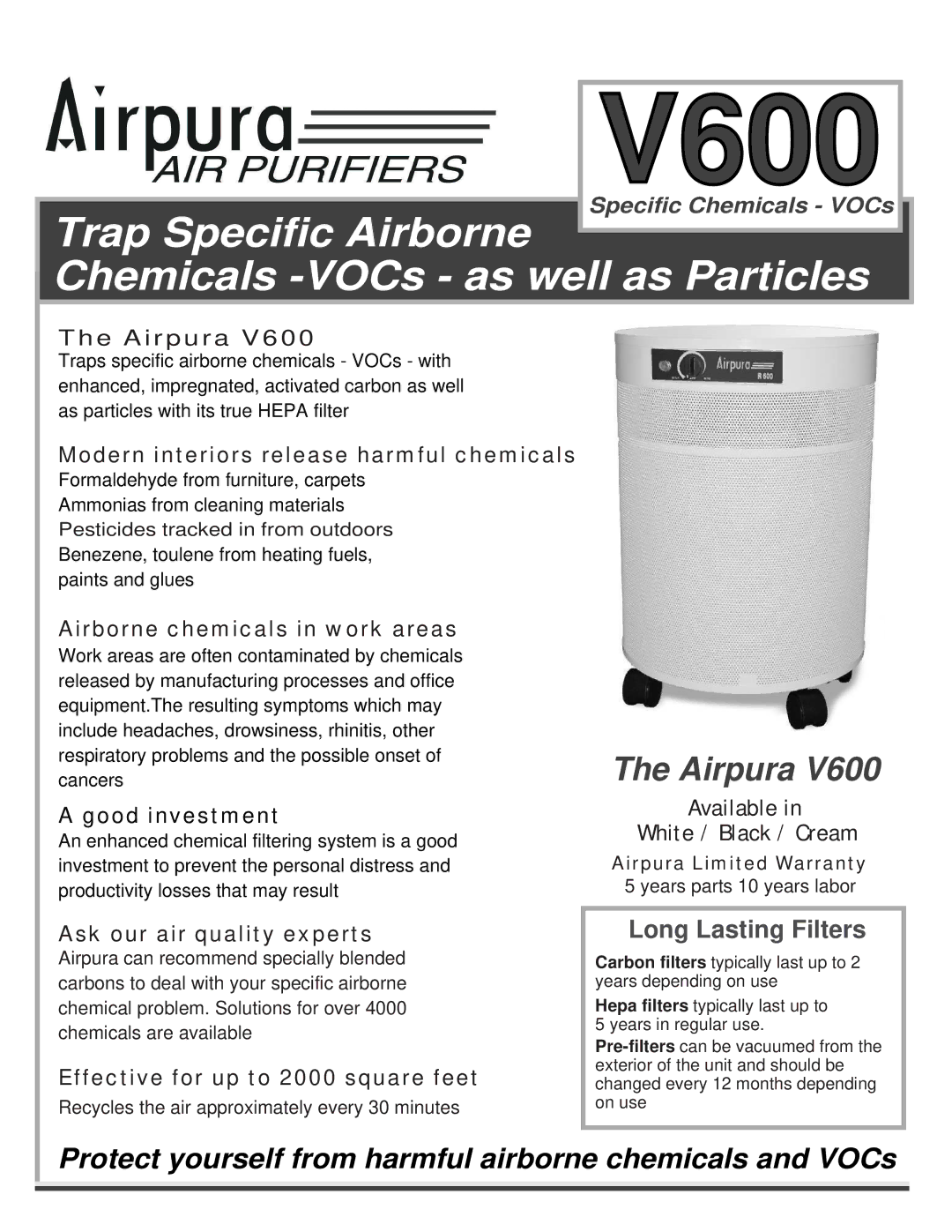 Airpura Industries Airpura V600 warranty Modern interiors release harmful chemicals, Airborne chemicals in work areas 