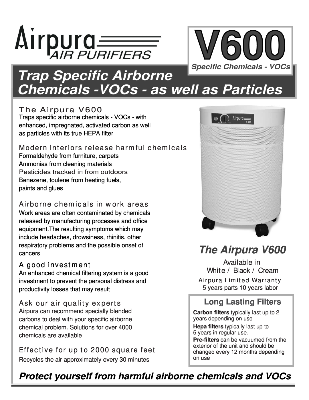 Airpura Industries Airpura V600 warranty Airpura Limited Warranty, Trap Specific Airborne, The Airpura, A good investment 