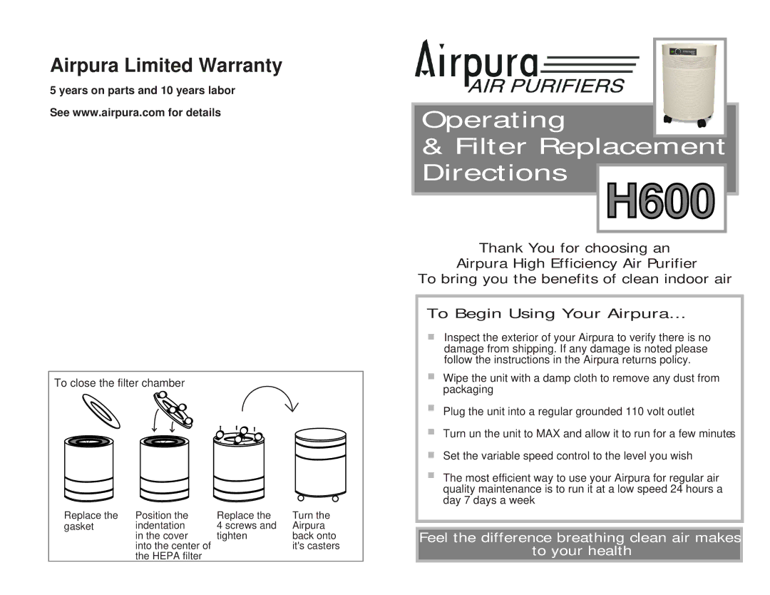 Airpura Industries H600 warranty 