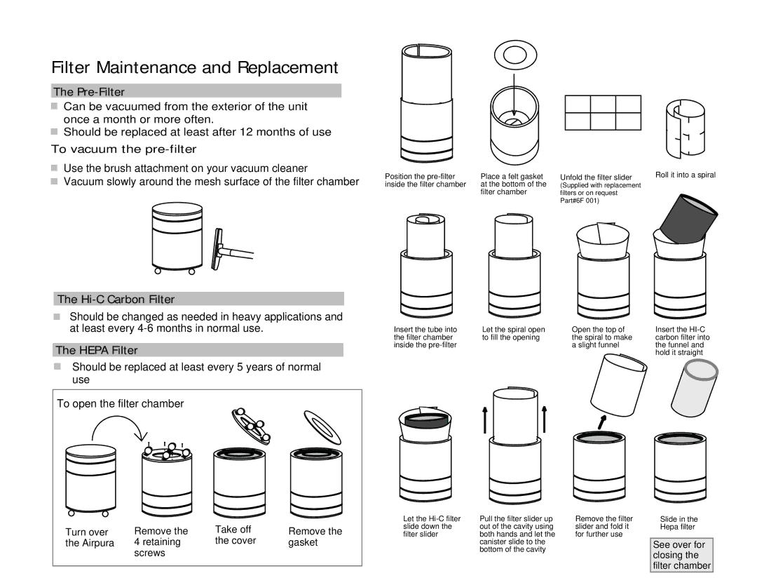 Airpura Industries H600 warranty Pre-Filter, To vacuum the pre-filter, Hi-C Carbon Filter, Hepa Filter 