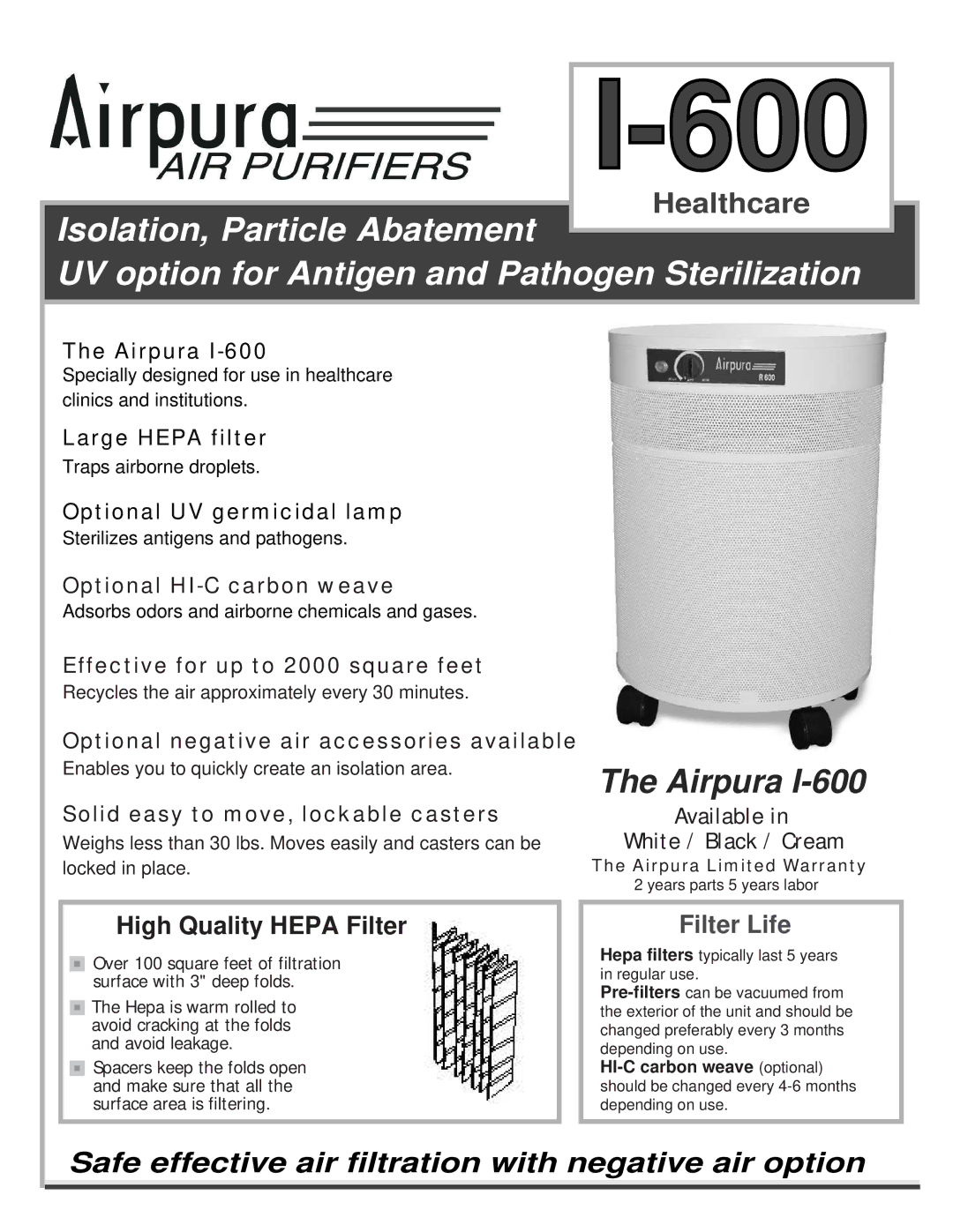 Airpura Industries I-600 warranty Airpura, Large Hepa filter, Optional UV germicidal lamp, Optional HI-C carbon weave 