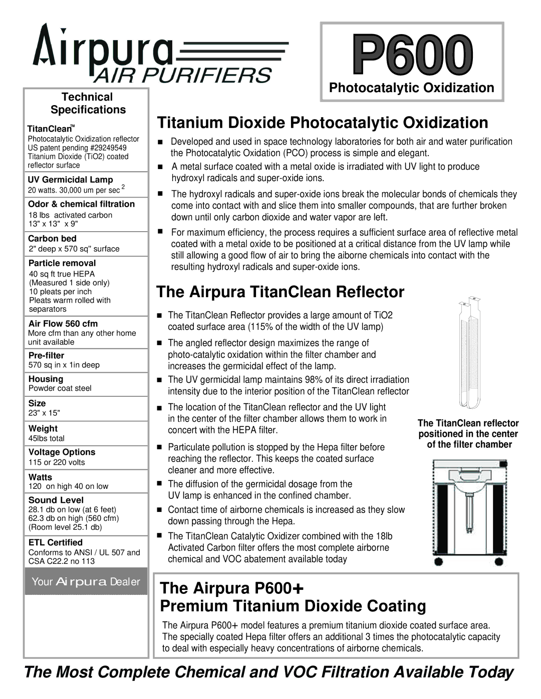 Airpura Industries P600 warranty Titanium Dioxide Photocatalytic Oxidization, Airpura TitanClean Reflector 