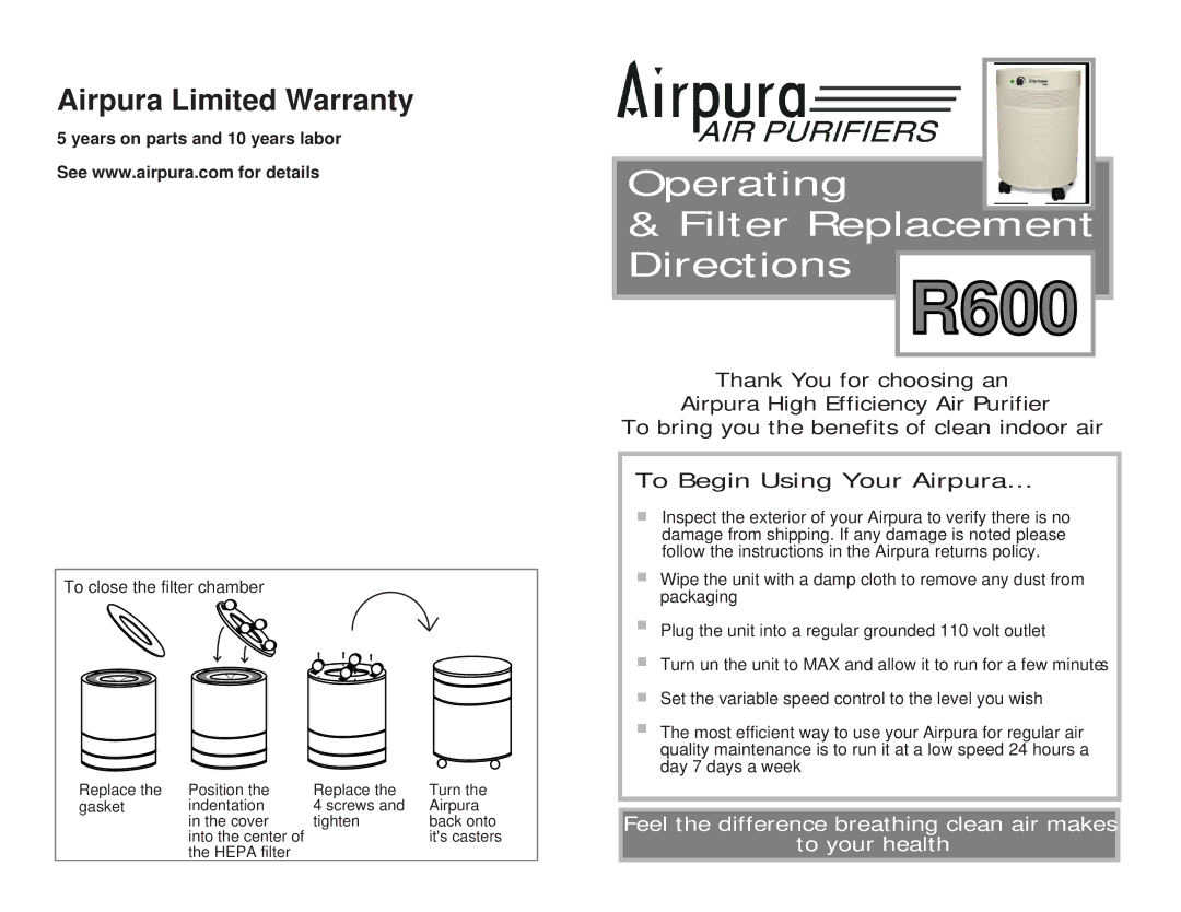 Airpura Industries R600 warranty 