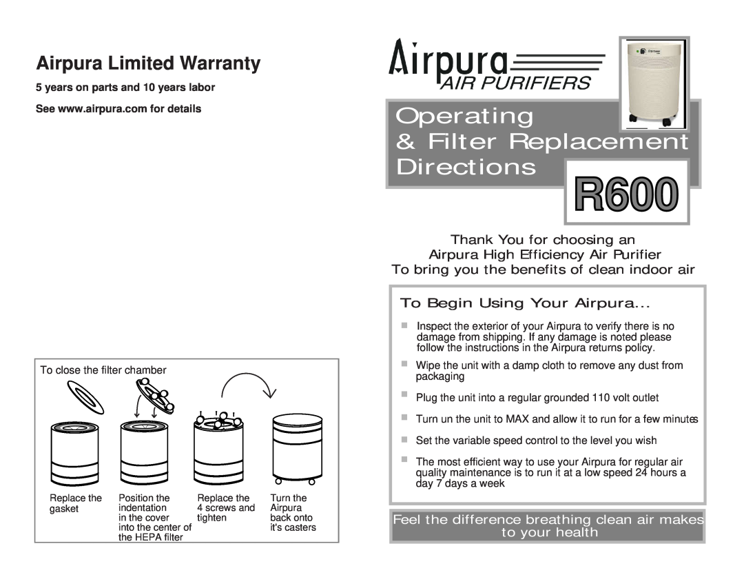 Airpura Industries R600 warranty Operating, Filter Replacement, Directions, Airpura Limited Warranty, to your health 