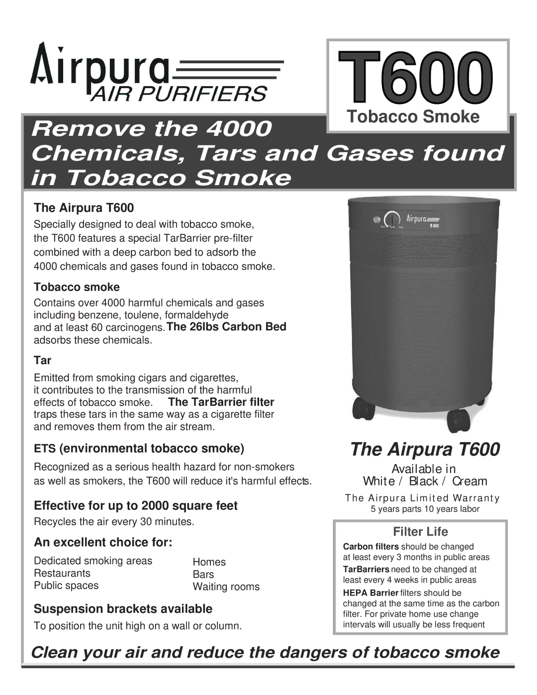 Airpura Industries T600 warranty ETS environmental tobacco smoke, Effective for up to 2000 square feet 