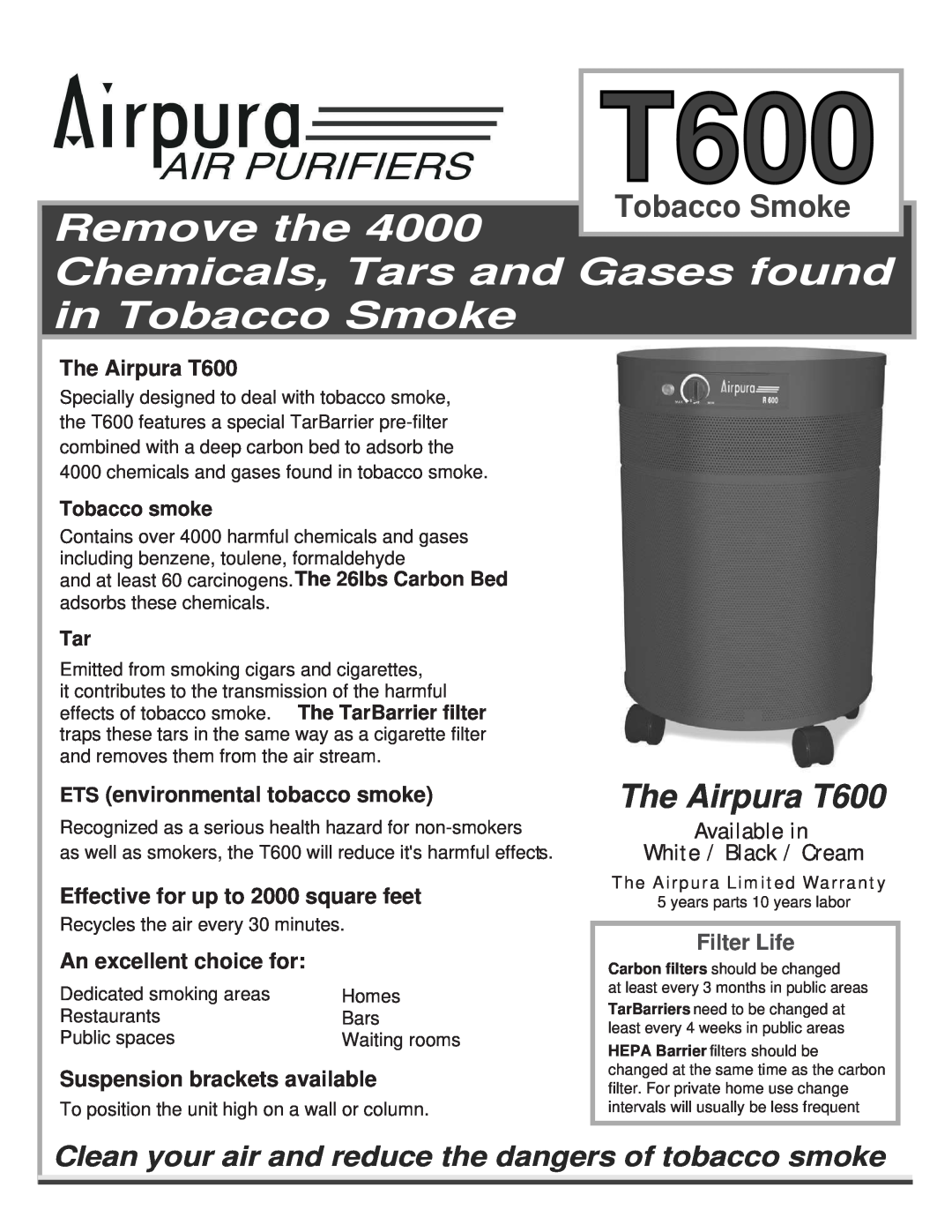 Airpura Industries warranty The Airpura T600, ETS environmental tobacco smoke, Effective for up to 2000 square feet 