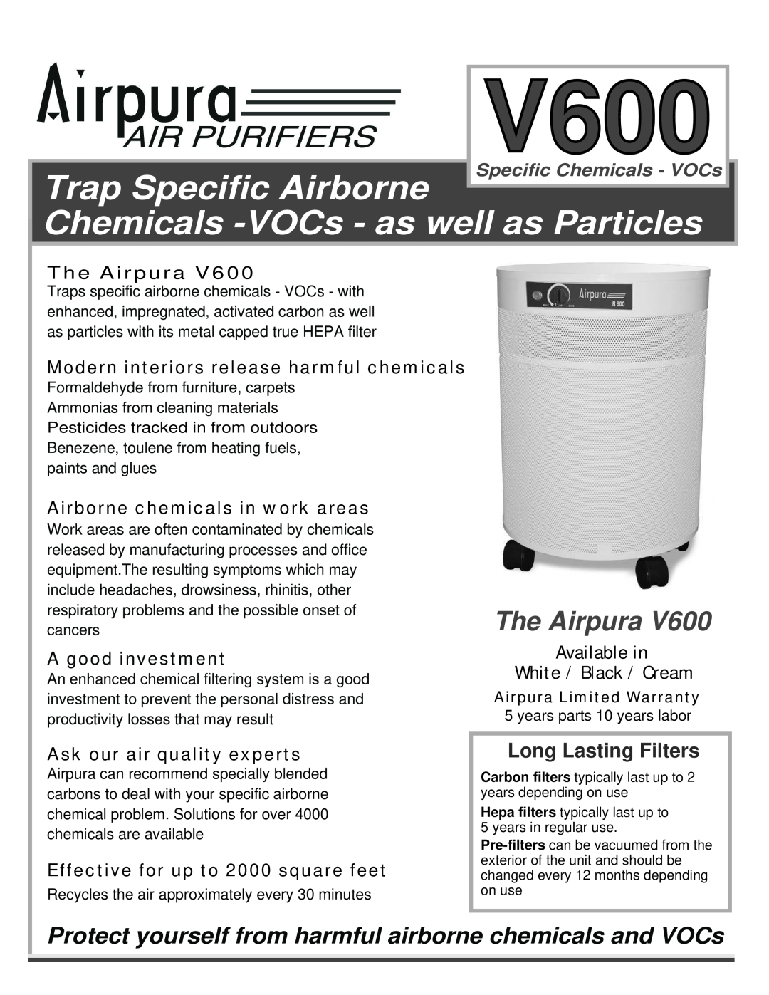 Airpura Industries V600 warranty Airpura Limited Warranty, Trap Specific Airborne, Chemicals -VOCs- as well as Particles 