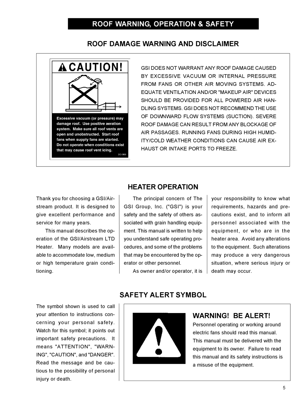 Airstream 18 owner manual Roof Damage Warning and Disclaimer, Heater Operation, Safety Alert Symbol 