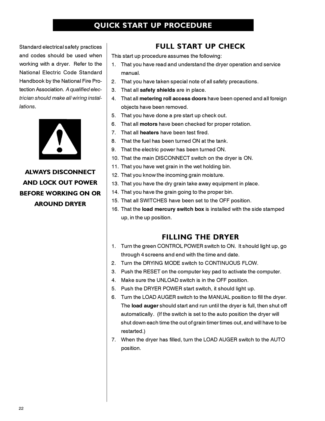 Airstream PNEG-339 service manual Quick Start UP Procedure, Full Start UP Check, Filling the Dryer 