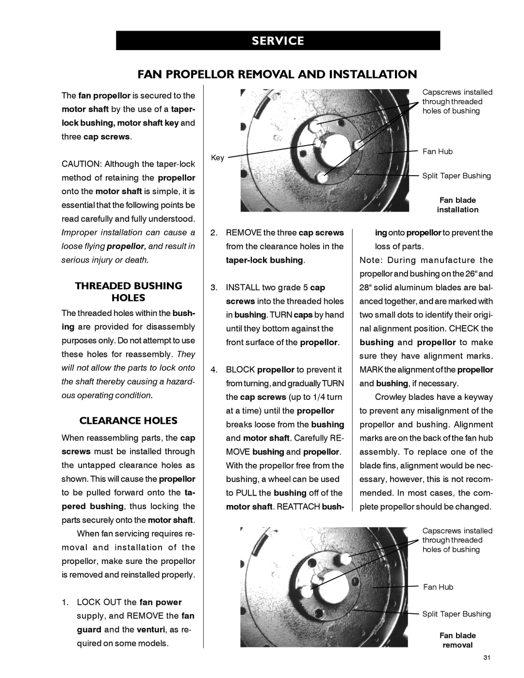 Airstream PNEG-339 service manual FAN Propellor Removal and Installation, Threaded Bushing Holes, Clearance Holes 