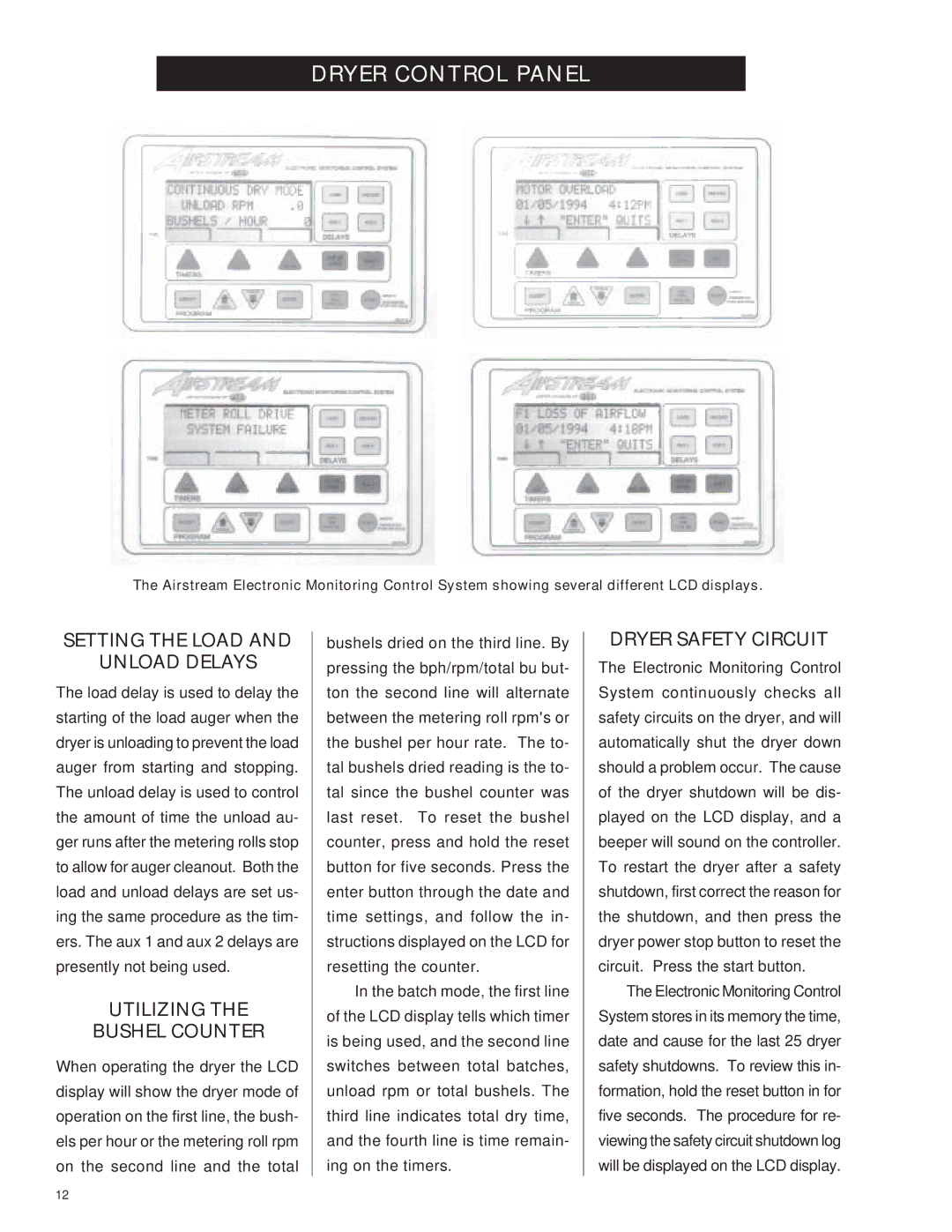 Airstream PNEG-343 service manual Setting the Load Unload Delays, Utilizing Bushel Counter, Dryer Safety Circuit 