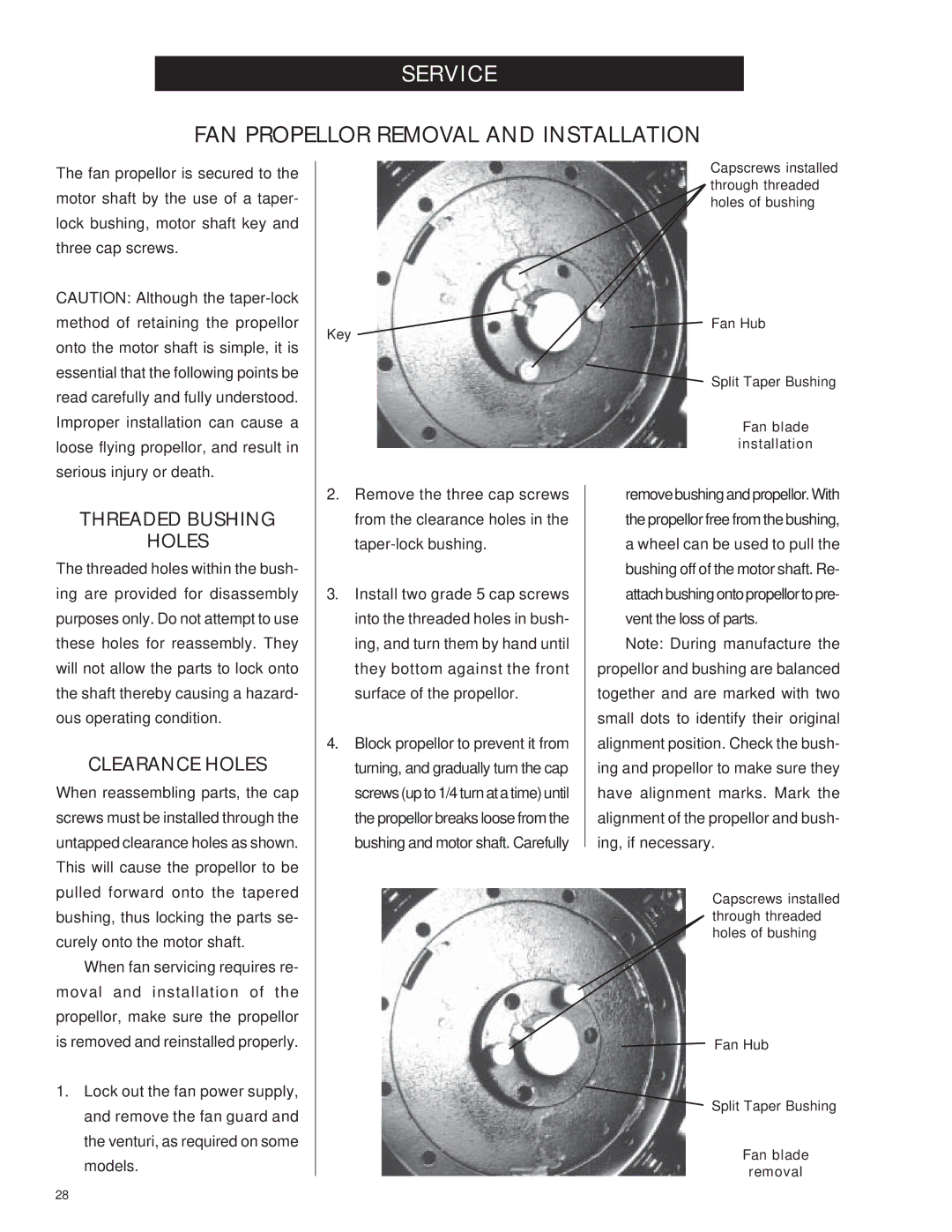 Airstream PNEG-343 service manual FAN Propellor Removal and Installation, Threaded Bushing Holes, Clearance Holes 