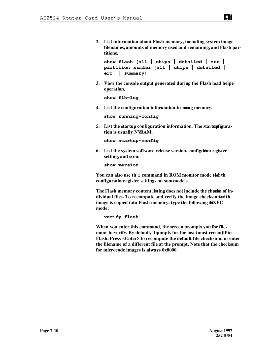 AIS AI2524 user manual Show flh-log, Show startup-config, Show version, Verify flash 