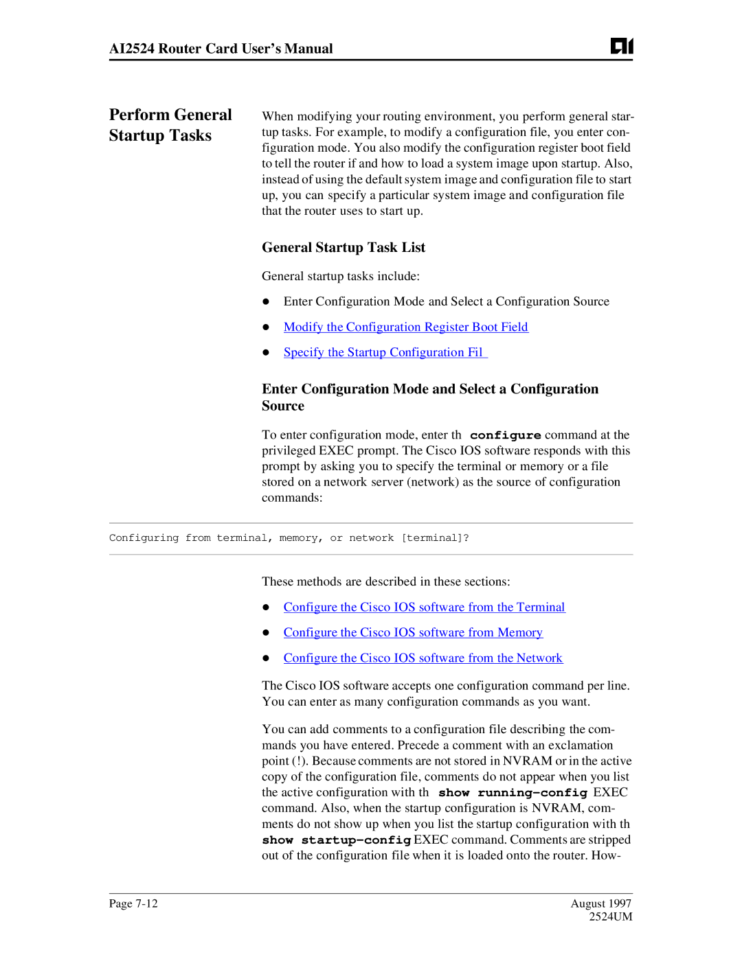 AIS AI2524 user manual General Startup Task List, Enter Configuration Mode and Select a Configuration Source 