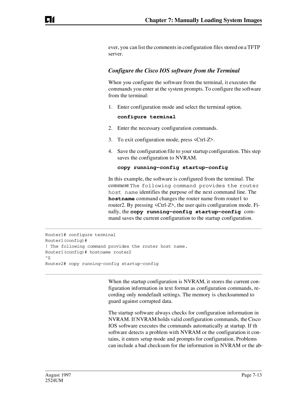 AIS AI2524 user manual Configure the Cisco IOS software from the Terminal, Copy running-config startup-config 