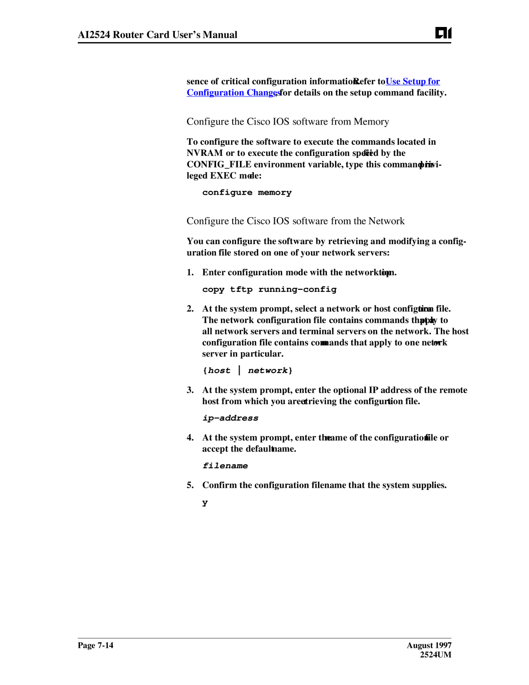AIS AI2524 Configure the Cisco IOS software from Memory, Configure the Cisco IOS software from the Network, Host network 