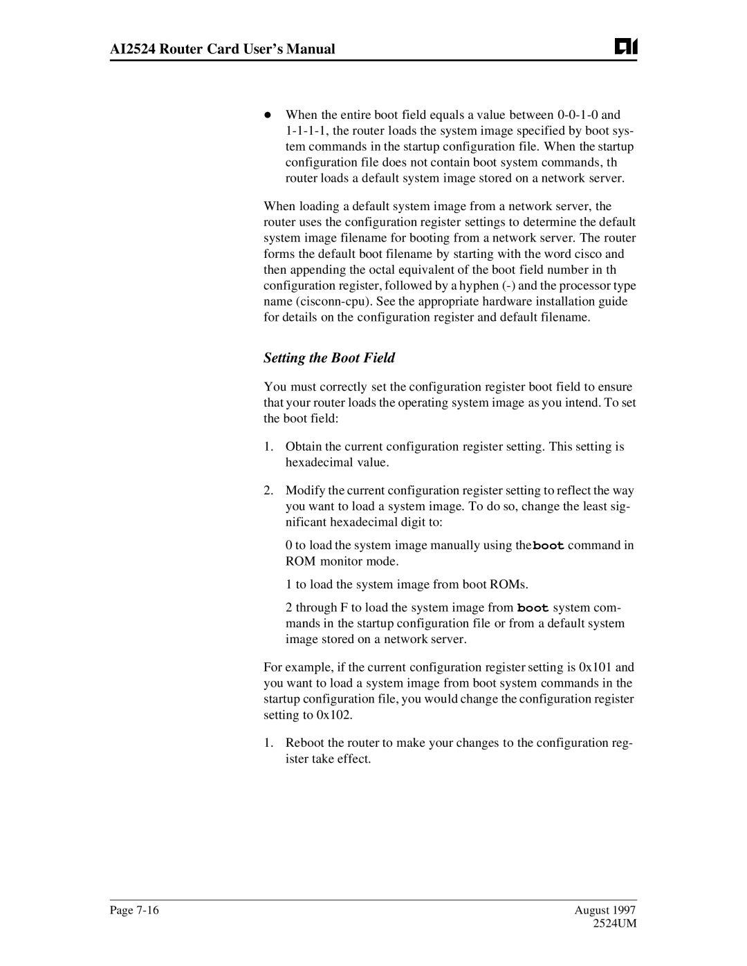 AIS AI2524 user manual Setting the Boot Field 