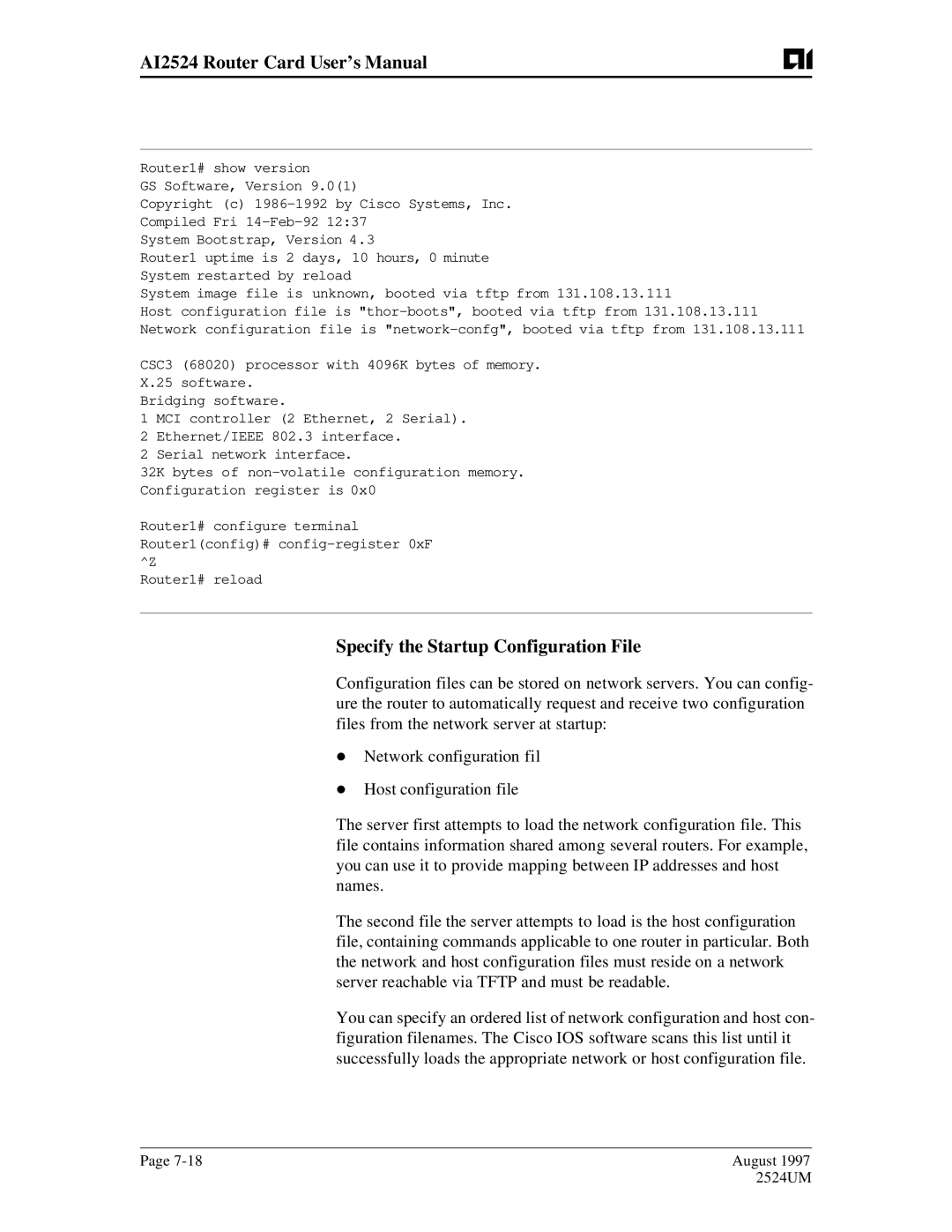 AIS AI2524 user manual Specify the Startup Configuration File 