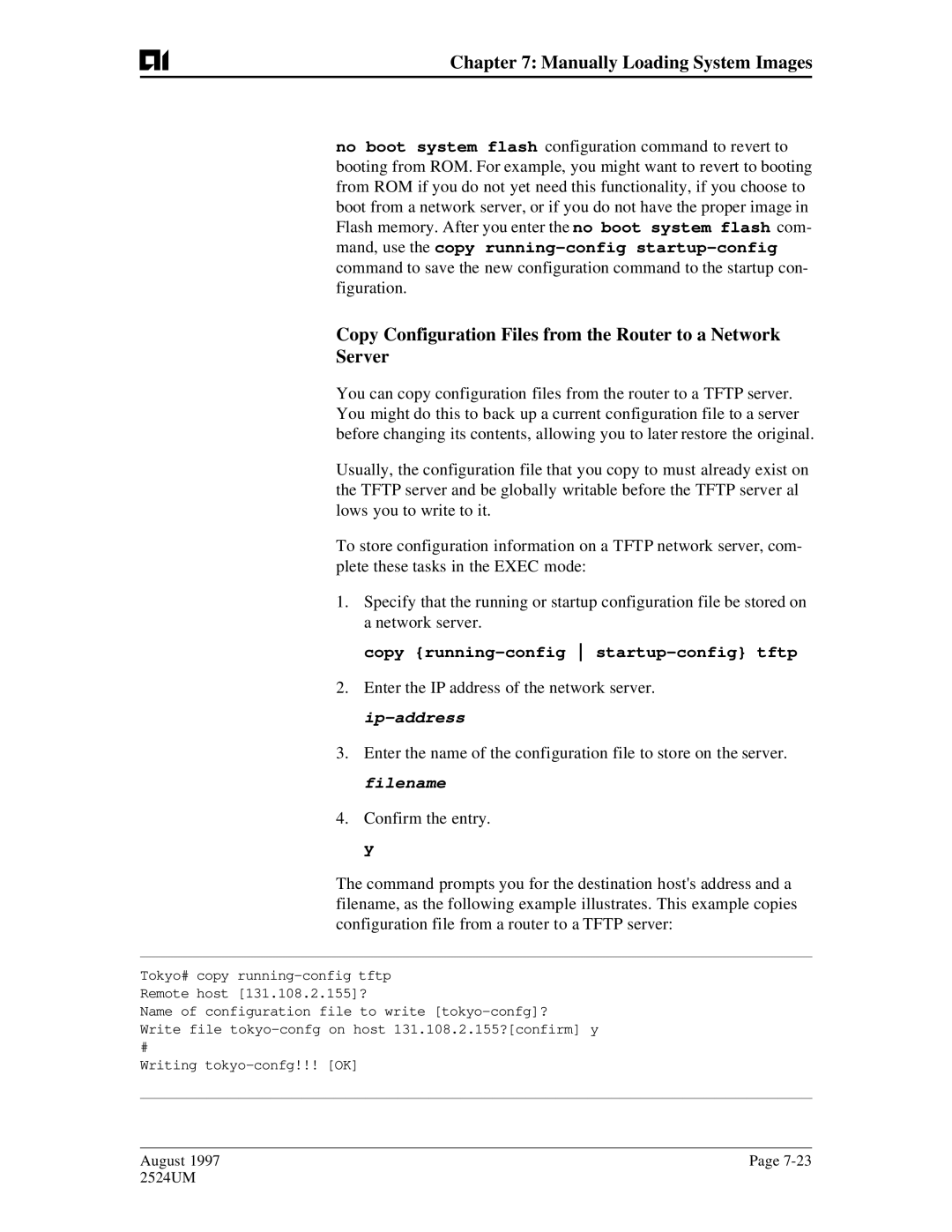 AIS AI2524 Copy Configuration Files from the Router to a Network Server, Copy running-config startup-config tftp 