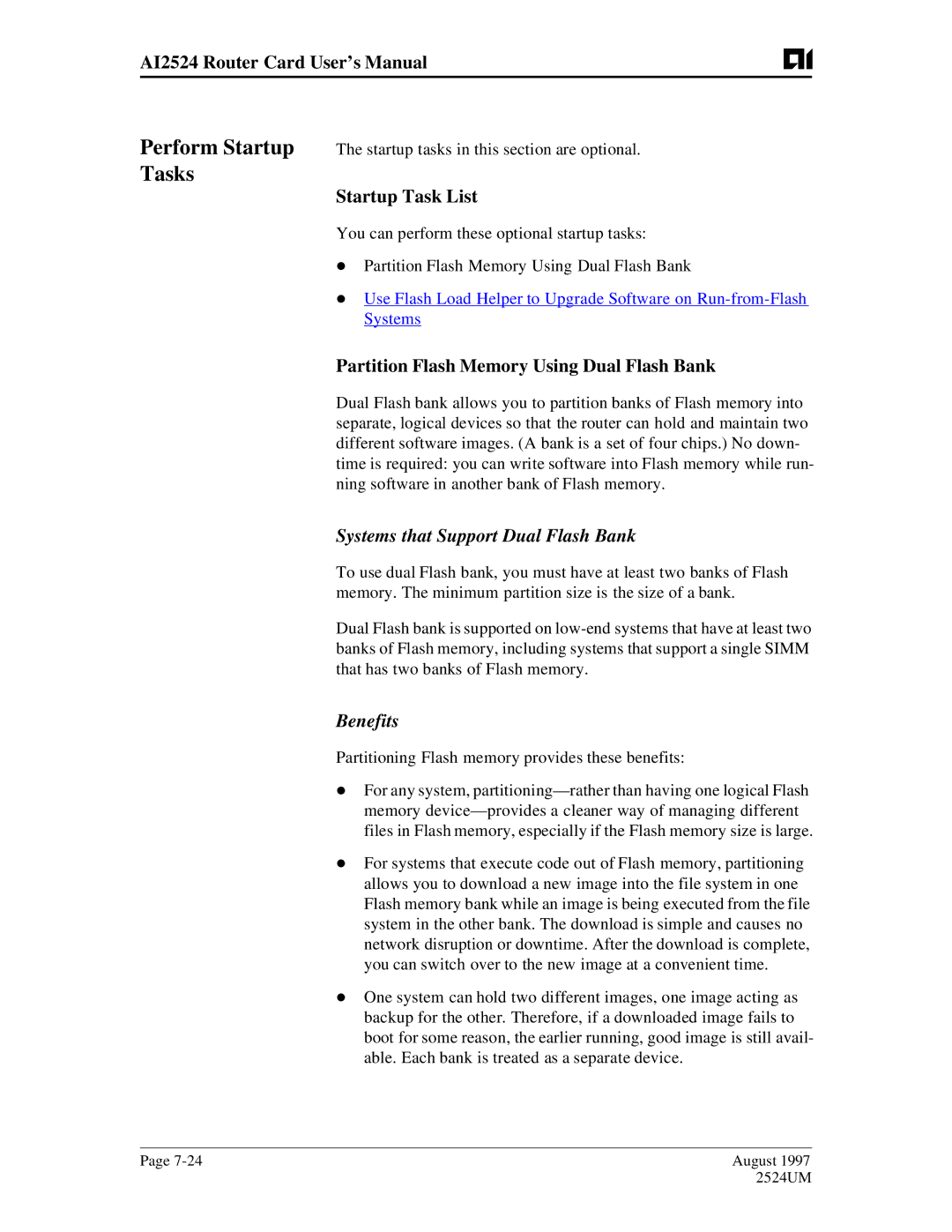 AIS AI2524 Tasks, Startup Task List, Partition Flash Memory Using Dual Flash Bank, Systems that Support Dual Flash Bank 