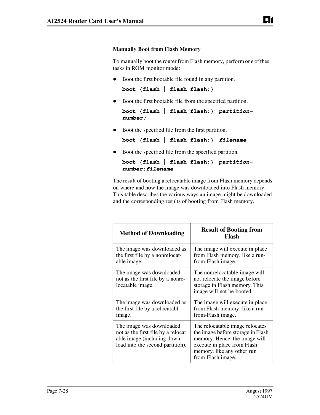 AIS AI2524 user manual Method of Downloading Result of Booting from Flash, Boot flash flash flash partition- number 