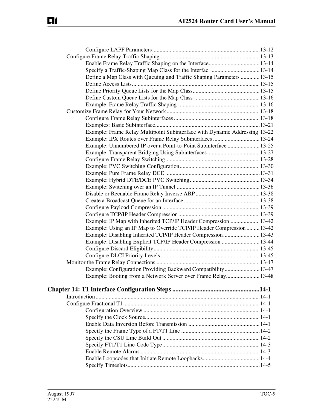 AIS AI2524 user manual T1 Interface Configuration Steps 14-1, 13-13, 13-18, 13-47 