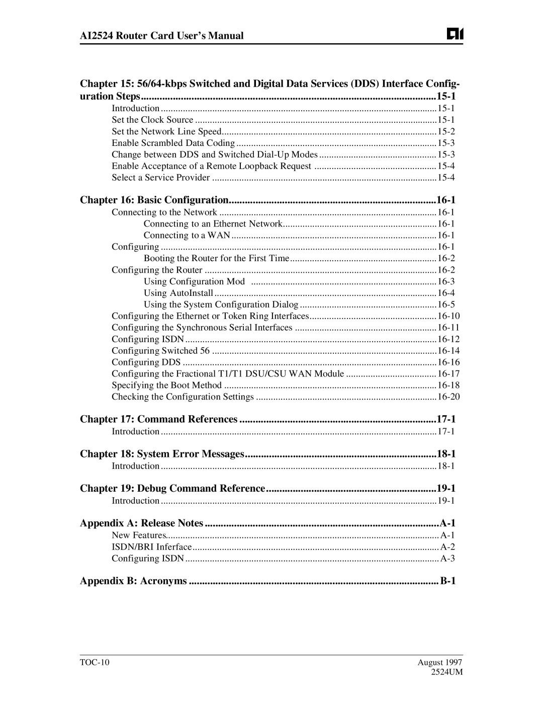 AIS AI2524 Basic Configuration 16-1, Command References 17-1, System Error Messages 18-1, Debug Command Reference 19-1 