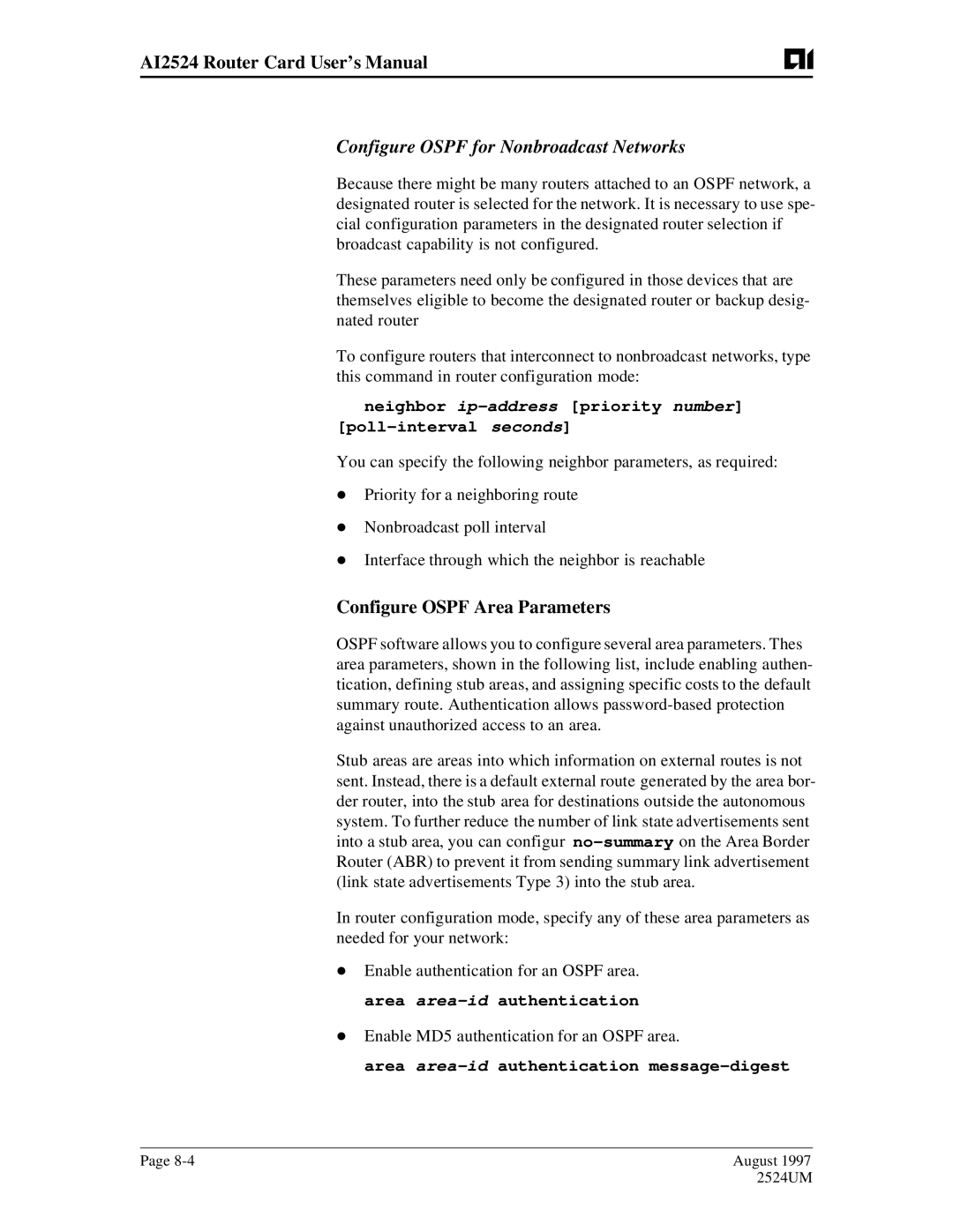 AIS AI2524 user manual Configure Ospf for Nonbroadcast Networks, Configure Ospf Area Parameters 