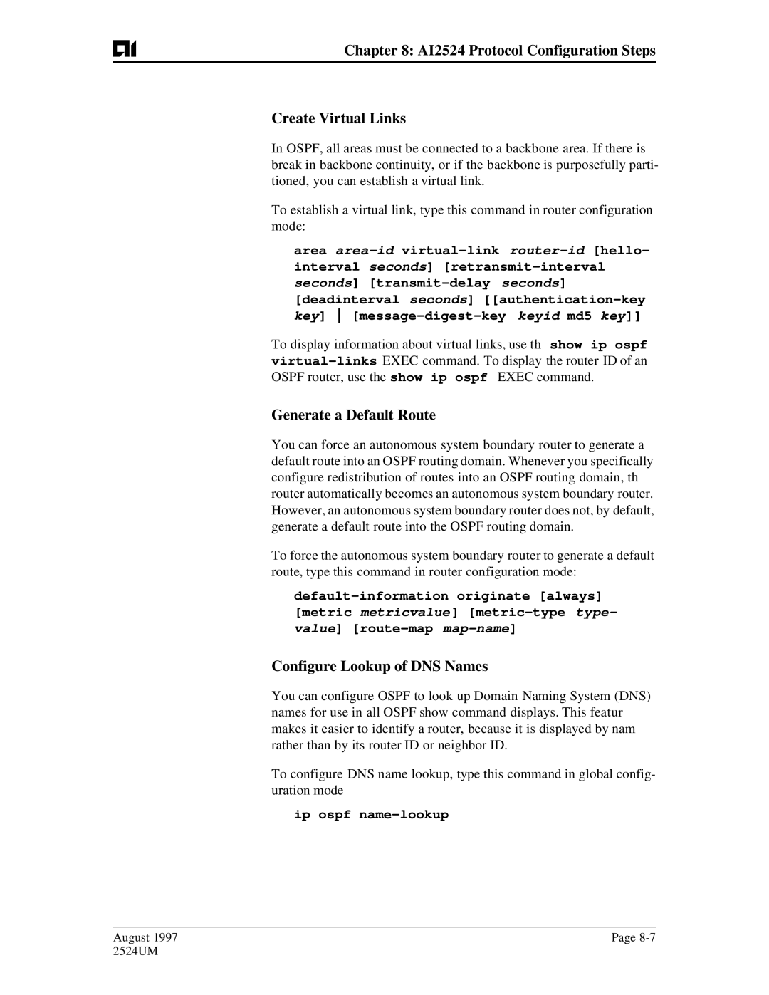 AIS AI2524 Protocol Configuration Steps Create Virtual Links, Generate a Default Route, Configure Lookup of DNS Names 