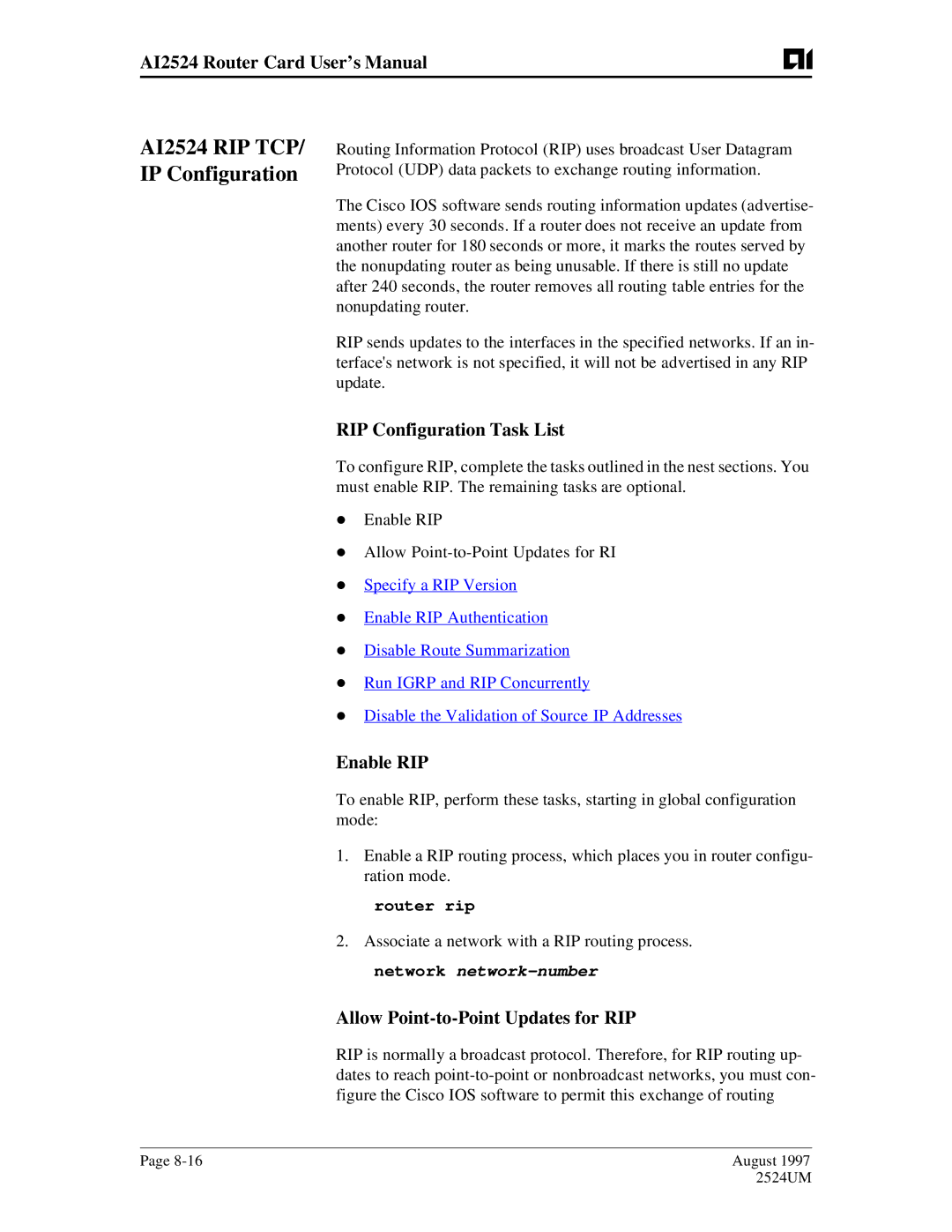 AIS AI2524 user manual RIP Configuration Task List, Enable RIP, Allow Point-to-Point Updates for RIP, Router rip 