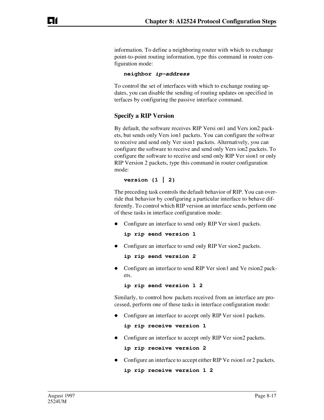 AIS AI2524 user manual Specify a RIP Version, Version 1, Ip rip send version 1 