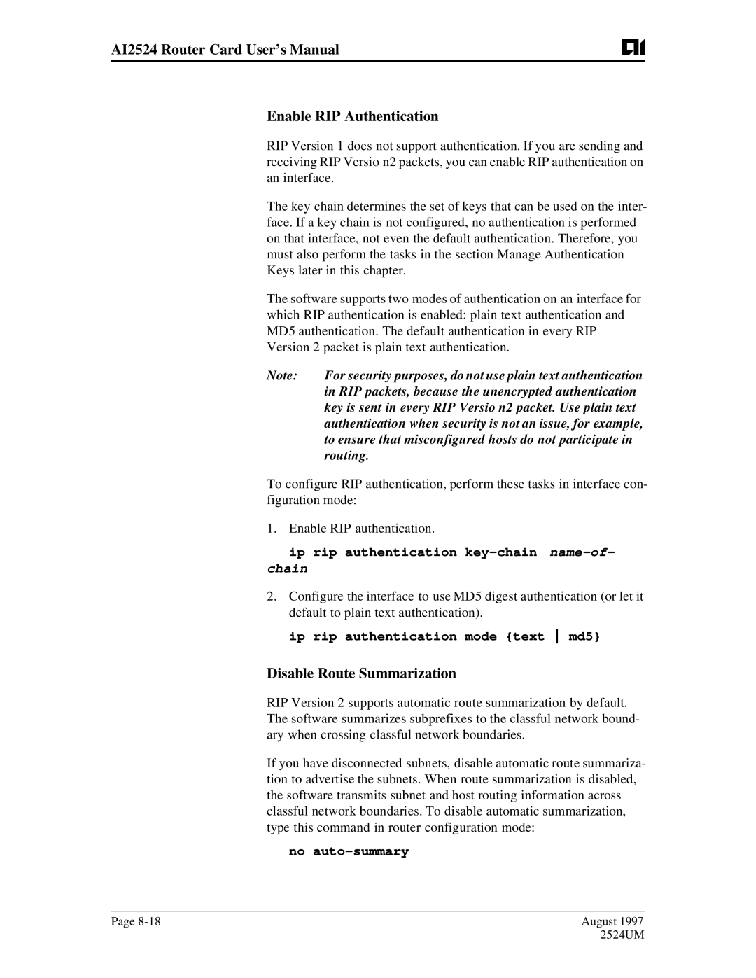 AIS user manual AI2524 Router Card User’s Manual Enable RIP Authentication, Disable Route Summarization 