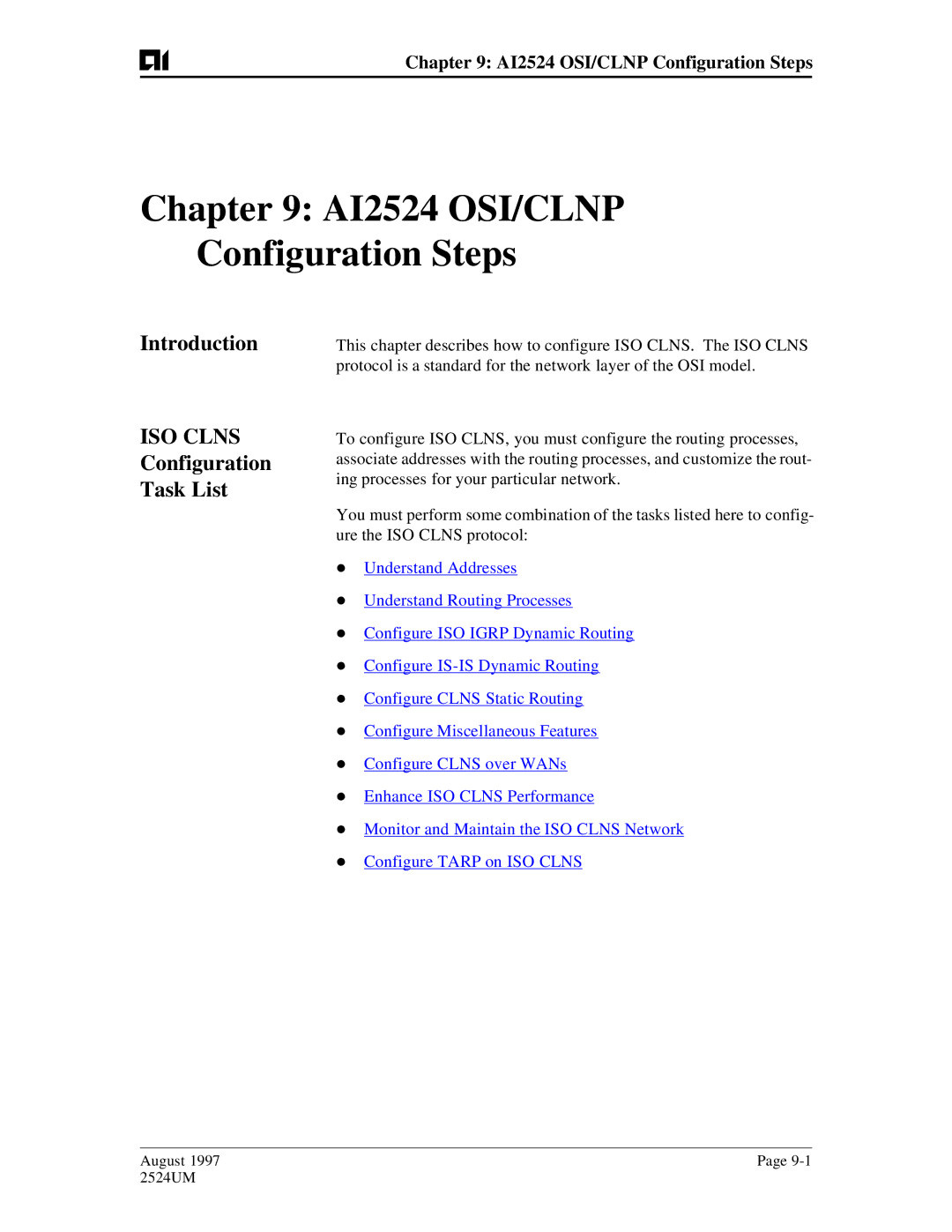 AIS user manual AI2524 OSI/CLNP Configuration Steps, Configuration Task List 