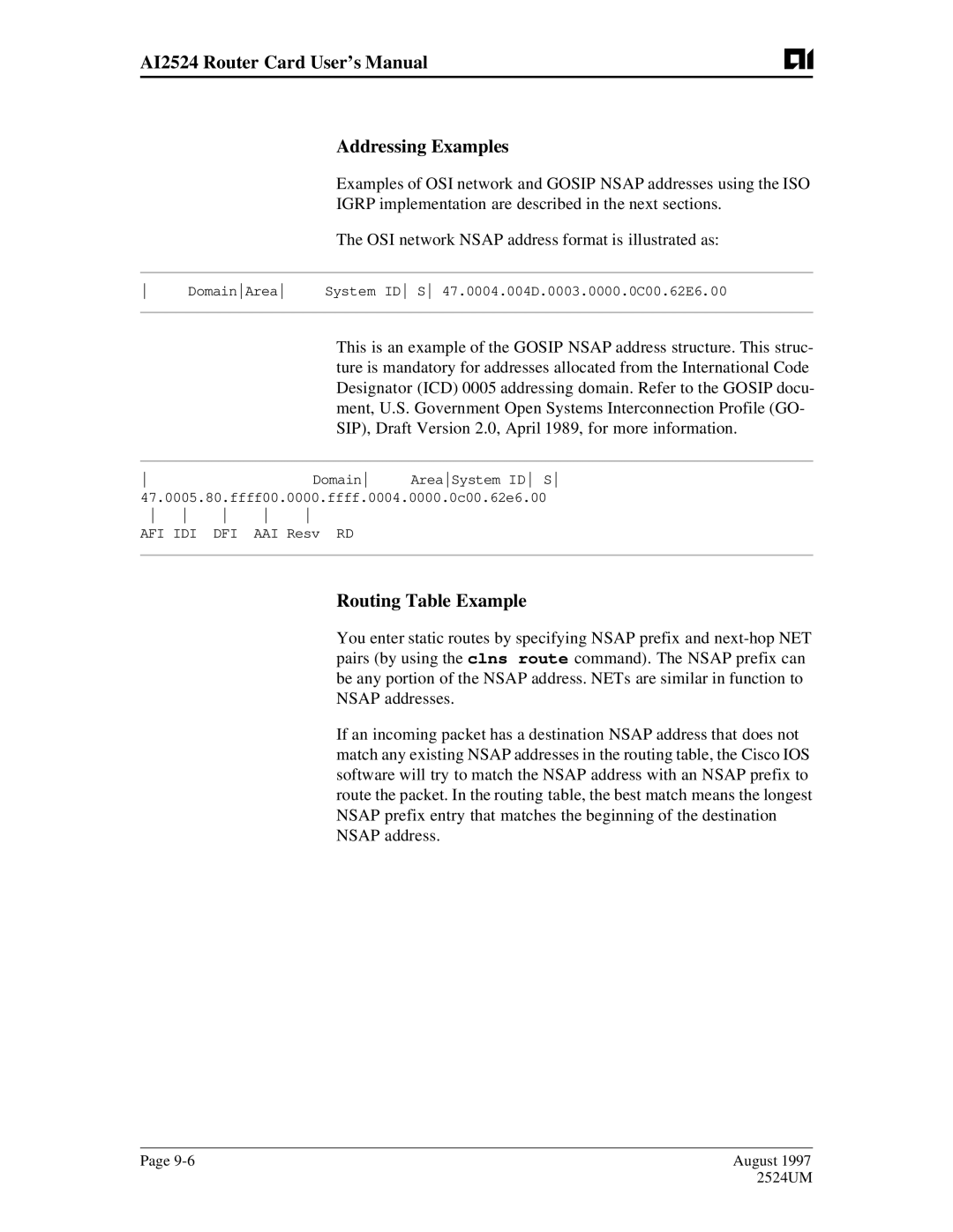 AIS user manual AI2524 Router Card User’s Manual Addressing Examples, Routing Table Example 