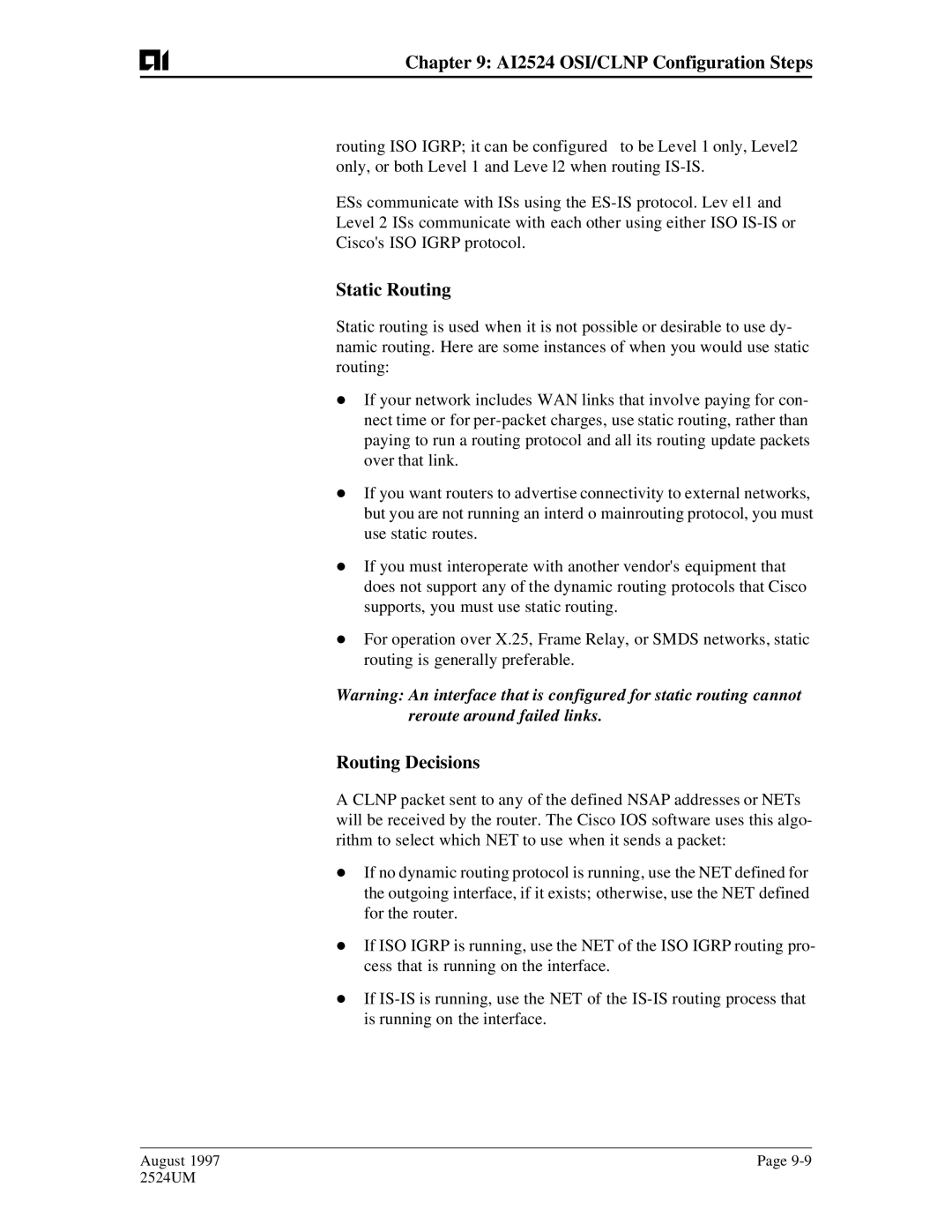 AIS AI2524 user manual Static Routing, Routing Decisions 