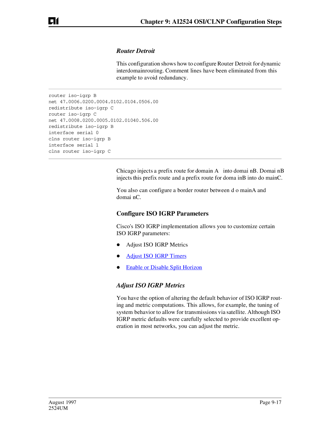 AIS AI2524 user manual Router Detroit, Configure ISO Igrp Parameters, Adjust ISO Igrp Metrics 