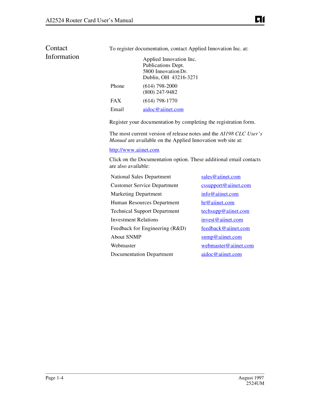 AIS AI2524 user manual Contact Information 