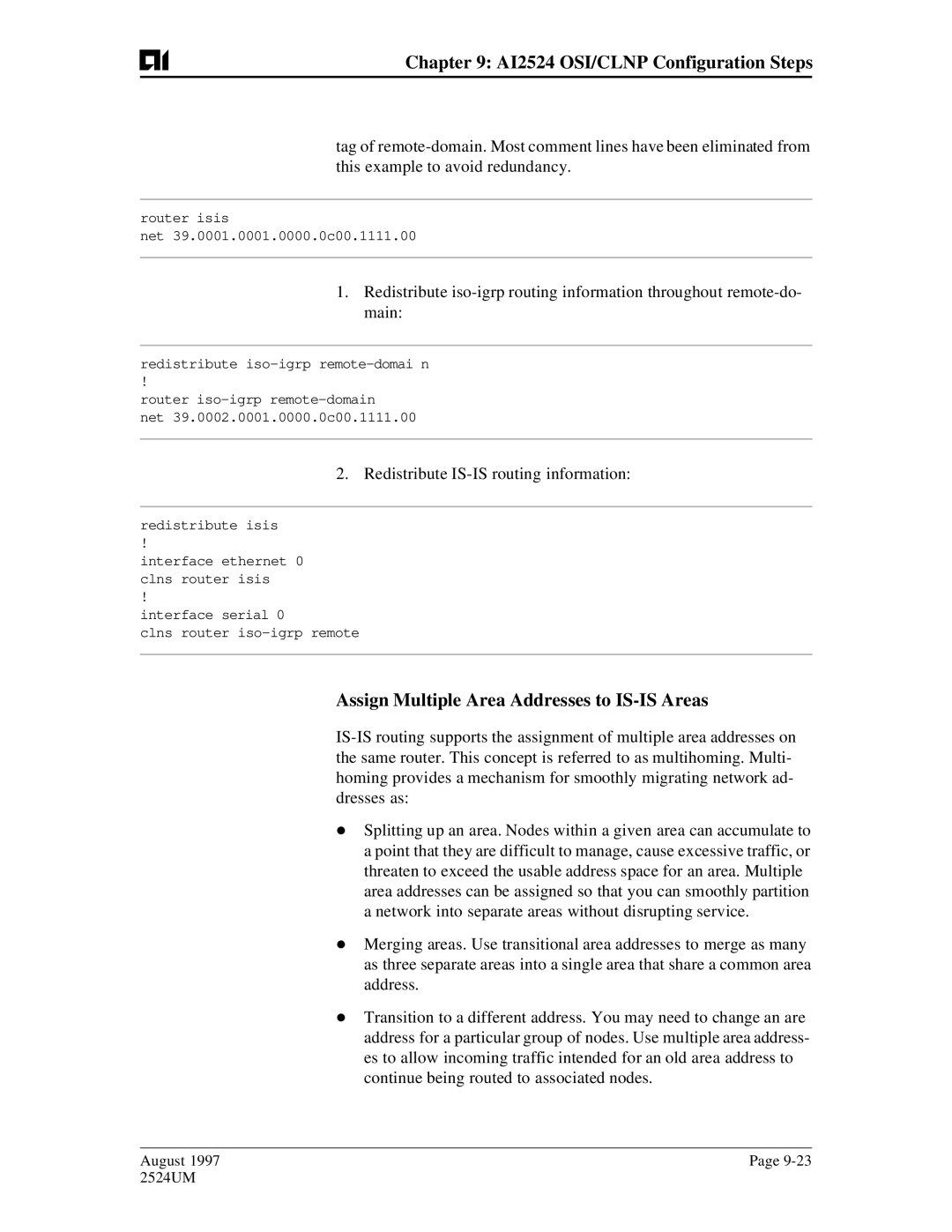 AIS AI2524 user manual Assign Multiple Area Addresses to IS-IS Areas, Redistribute IS-IS routing information 